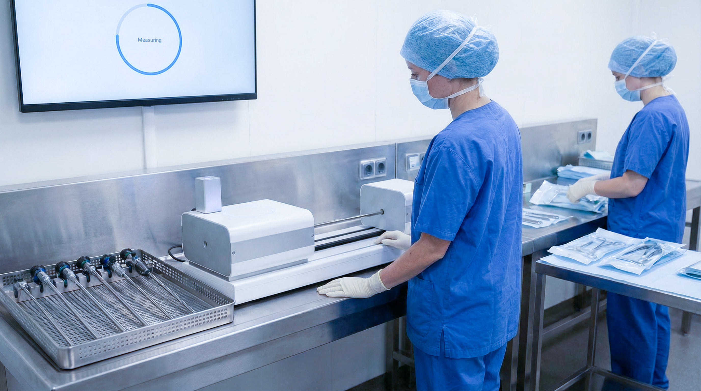 A technician evaluating endoscopes to detect performance changes between uses.